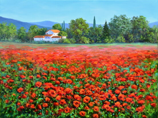 Landscape painting with a field of red poppies and a Mediterranean villa