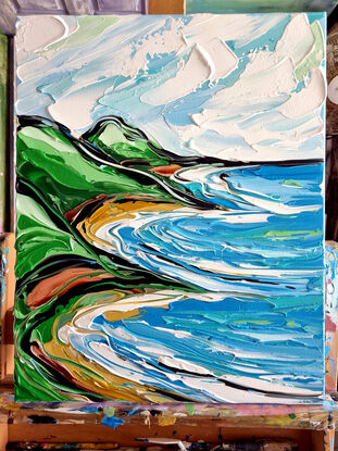 Light blue colours with ocean rocks and a bay, green hills. Painted in expressive abstract strokes. 

