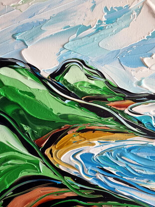 Light blue colours with ocean rocks and a bay, green hills. Painted in expressive abstract strokes. 

