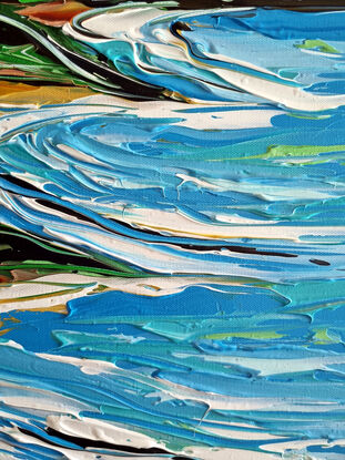 Light blue colours with ocean rocks and a bay, green hills. Painted in expressive abstract strokes. 

