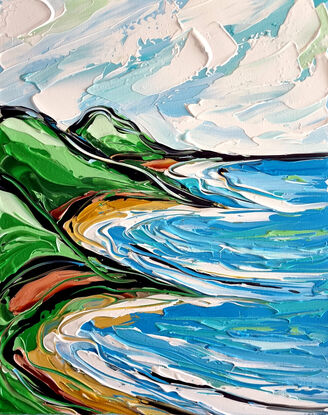 Light blue colours with ocean rocks and a bay, green hills. Painted in expressive abstract strokes. 

