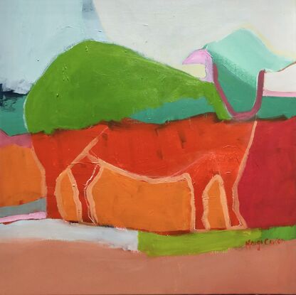 I have been enjoying this painting and its complimentary companion at home. I created these some time ago and have decided it’s time to let them move on to their collector. A striking colour combination of lime green and shades of orange. Quirky, cheerful sheep in the landscape perfect for any interior in need of artistic delight. I have displayed two works together….price is for ONE only…enjoy.