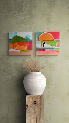 I have been enjoying this painting and its complimentary companion at home. I created these some time ago and have decided it’s time to let them move on to their collector. A striking colour combination of lime green and shades of orange. Quirky, cheerful sheep in the landscape perfect for any interior in need of artistic delight. I have displayed two works together….price is for ONE only…enjoy.