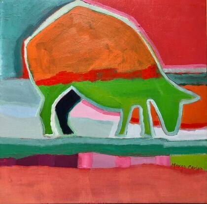 I have been enjoying this painting and its complimentary companion at home. I created these some time ago and have decided it’s time to let them move on to their collector. A striking colour combination of lime green and shades of orange. Quirky, cheerful sheep in the landscape perfect for any interior in need of artistic delight. I have displayed two works together….price is for ONE only…enjoy.