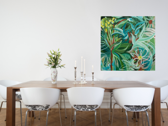 green and blue tropical abstract landscape painting