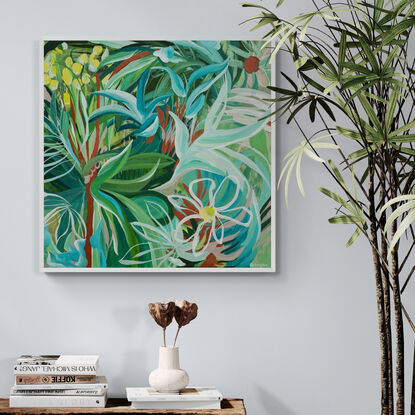 green and blue tropical abstract landscape painting