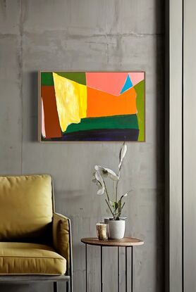 Abstract of shapes in greens, pink, orange, yellow and blue triangle