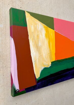 Abstract of shapes in greens, pink, orange, yellow and blue triangle