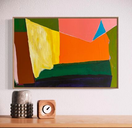 Abstract of shapes in greens, pink, orange, yellow and blue triangle