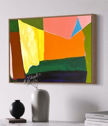 Abstract of shapes in greens, pink, orange, yellow and blue triangle