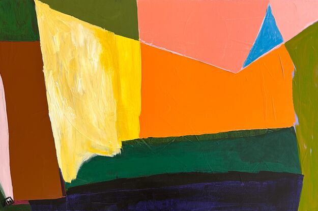 Abstract of shapes in greens, pink, orange, yellow and blue triangle