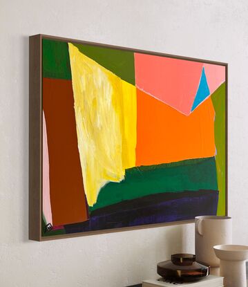 Abstract of shapes in greens, pink, orange, yellow and blue triangle