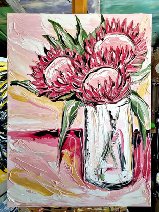 three pink proteas in vase textured abstract

