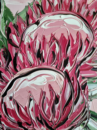 three pink proteas in vase textured abstract

