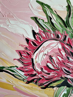 three pink proteas in vase textured abstract

