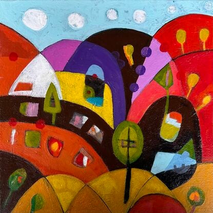 "The Places We Go To" is a vibrant, abstract painting featuring rolling hills in bold, contrasting colours dotted with trees and organic shapes. The playful use of colour and form evokes a sense of exploration and imagination as if depicting a fantastical landscape of natural and dreamlike destinations.