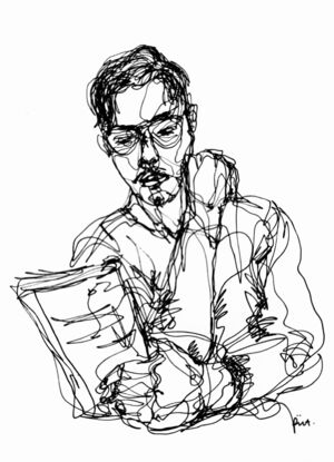 Drawing of a Man with glasses reading a book