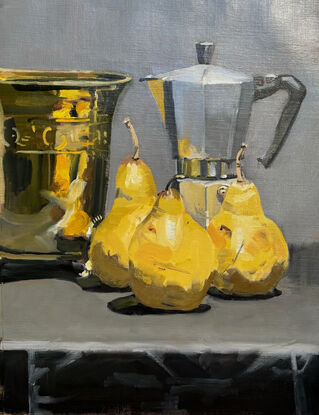 Still Life painted in the studio under a strong light of brass pot, Barelli Coffee Pot and mature green pears (yellow) on a grey cloth background.