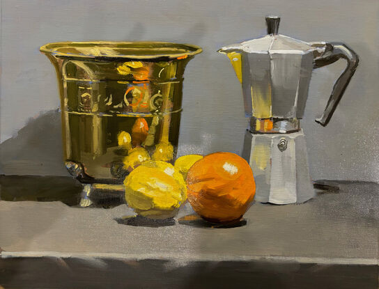 Still Life painting of Brass Pot and Birelli Coffee Pot reflecting an Orange and a Lemon on a grey cloth background