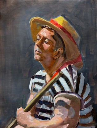 Painting from life of a model dressed as a gondolier.  Against a grey backdrop, the gondolier is wearing a black and white striped top with a straw hat with red bow.