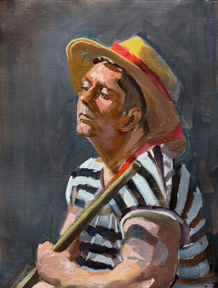 Painting from life of a model dressed as a gondolier.  Against a grey backdrop, the gondolier is wearing a black and white striped top with a straw hat with red bow.