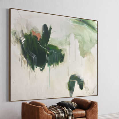 bold paint and pencil marks in light green, olive lime with areas of white and grey, beige, and coral expressive marks across a large canvas