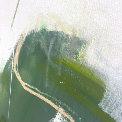 bold paint and pencil marks in light green, olive lime with areas of white and grey, beige, and coral expressive marks across a large canvas