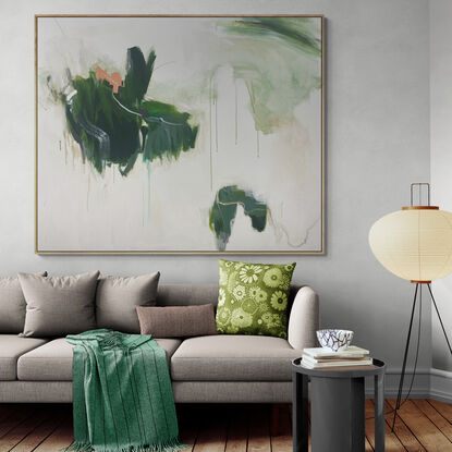 bold paint and pencil marks in light green, olive lime with areas of white and grey, beige, and coral expressive marks across a large canvas