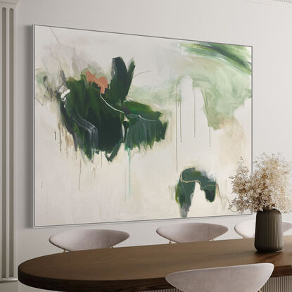 bold paint and pencil marks in light green, olive lime with areas of white and grey, beige, and coral expressive marks across a large canvas