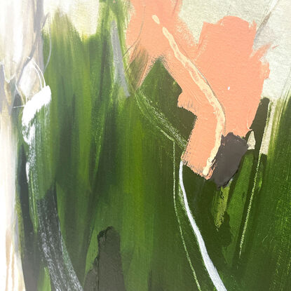 bold paint and pencil marks in light green, olive lime with areas of white and grey, beige, and coral expressive marks across a large canvas