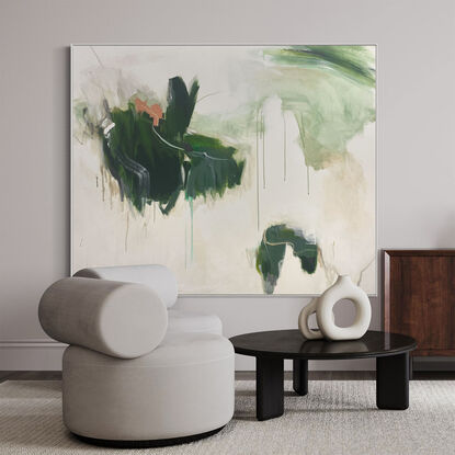 bold paint and pencil marks in light green, olive lime with areas of white and grey, beige, and coral expressive marks across a large canvas