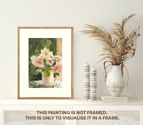 A watercolour painting of 3 proteas in a glass jar and their shadows on the table surface.