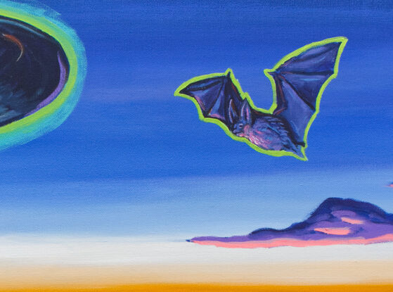 atmospheric bold original painting sunset desert with bat and vinyl record in sky