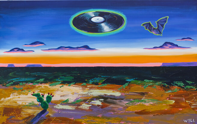 atmospheric bold original painting sunset desert with bat and vinyl record in sky