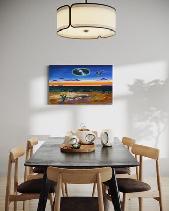 atmospheric bold original painting sunset desert with bat and vinyl record in sky