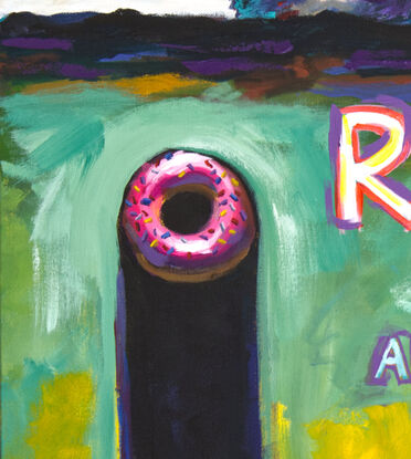 original painting possum sunrise with donut landscape bright and bold colors painterly strokes and high texture