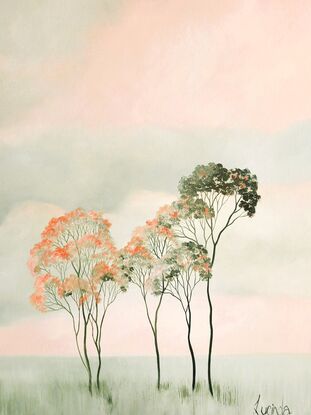 Oil painting, landscape, Australiana, trees, large statement art, green grasses, soft morning light, panorama, pinks and corals in the sky, green clouds, Lucinda Leveille, original art, 