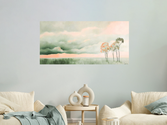 Oil painting, landscape, Australiana, trees, large statement art, green grasses, soft morning light, panorama, pinks and corals in the sky, green clouds, Lucinda Leveille, original art, 