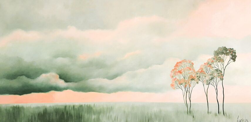 Oil painting, landscape, Australiana, trees, large statement art, green grasses, soft morning light, panorama, pinks and corals in the sky, green clouds, Lucinda Leveille, original art, 