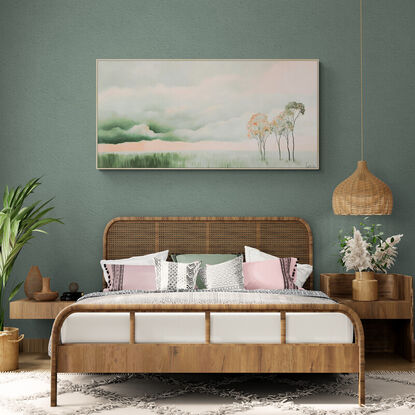 Oil painting, landscape, Australiana, trees, large statement art, green grasses, soft morning light, panorama, pinks and corals in the sky, green clouds, Lucinda Leveille, original art, 