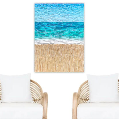 thick textured paint beach reeds with the ocean water and blue sky