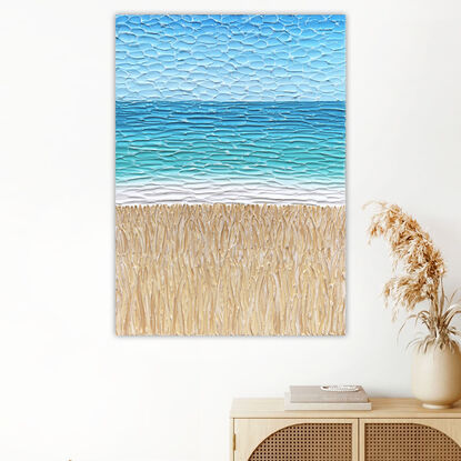 thick textured paint beach reeds with the ocean water and blue sky