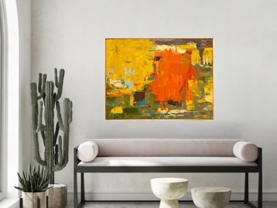 Olive bright golden yellow orange modern textured abstract artwork