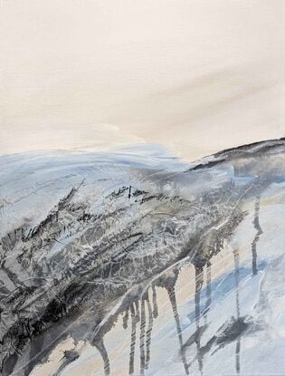 A large abstract landscape of the Victorian Alpine region in mixed media in pale blue, cream, beige and grey.