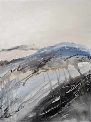 A large abstract landscape of the Victorian Alpine region in mixed media in pale blue, cream, beige and grey.