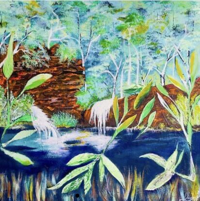 
This waterfall oasis in a remote region of WA. The artist captures the essence of Karijini National Park with its cascading waterfalls and red rock formations. In this piece, the viewer can almost feel the cool water of Fern Pool enveloping them as they swim beneath the waterfall amid lush ferns. The painting, created using  turquoise Acrylic impasto paint, showcases a palette of mint, light blue, white, orange, and burnt sienna that evoke the rugged beauty of the Australian landscape. The rustic charm of this artwork, with its gallery-wrapped stretched canvas ready to hang, would add a touch of natural elegance to any home decor.
A large canvas deep sided gallery wrapped , comes with a certificate Of Authenticity and carefully packed fir a safe journey to your home 