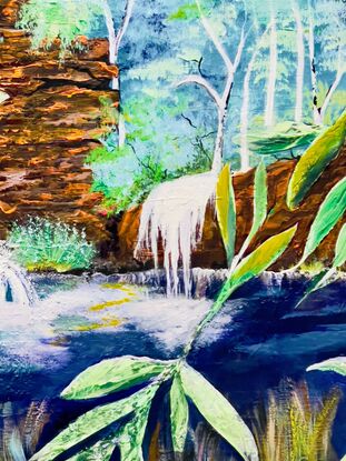 
This waterfall oasis in a remote region of WA. The artist captures the essence of Karijini National Park with its cascading waterfalls and red rock formations. In this piece, the viewer can almost feel the cool water of Fern Pool enveloping them as they swim beneath the waterfall amid lush ferns. The painting, created using  turquoise Acrylic impasto paint, showcases a palette of mint, light blue, white, orange, and burnt sienna that evoke the rugged beauty of the Australian landscape. The rustic charm of this artwork, with its gallery-wrapped stretched canvas ready to hang, would add a touch of natural elegance to any home decor.
A large canvas deep sided gallery wrapped , comes with a certificate Of Authenticity and carefully packed fir a safe journey to your home 