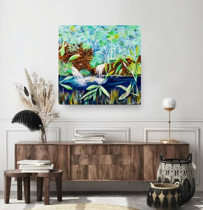 
This waterfall oasis in a remote region of WA. The artist captures the essence of Karijini National Park with its cascading waterfalls and red rock formations. In this piece, the viewer can almost feel the cool water of Fern Pool enveloping them as they swim beneath the waterfall amid lush ferns. The painting, created using  turquoise Acrylic impasto paint, showcases a palette of mint, light blue, white, orange, and burnt sienna that evoke the rugged beauty of the Australian landscape. The rustic charm of this artwork, with its gallery-wrapped stretched canvas ready to hang, would add a touch of natural elegance to any home decor.
A large canvas deep sided gallery wrapped , comes with a certificate Of Authenticity and carefully packed fir a safe journey to your home 