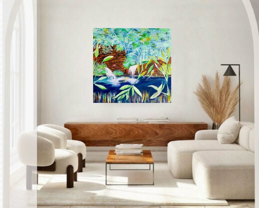 
This waterfall oasis in a remote region of WA. The artist captures the essence of Karijini National Park with its cascading waterfalls and red rock formations. In this piece, the viewer can almost feel the cool water of Fern Pool enveloping them as they swim beneath the waterfall amid lush ferns. The painting, created using  turquoise Acrylic impasto paint, showcases a palette of mint, light blue, white, orange, and burnt sienna that evoke the rugged beauty of the Australian landscape. The rustic charm of this artwork, with its gallery-wrapped stretched canvas ready to hang, would add a touch of natural elegance to any home decor.
A large canvas deep sided gallery wrapped , comes with a certificate Of Authenticity and carefully packed fir a safe journey to your home 