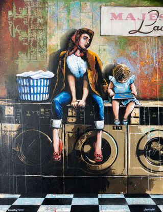 a woman and child sit in a laundrette transfixed by a digital device.